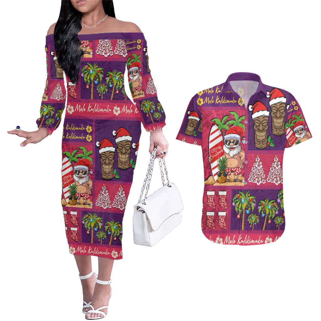 Hawaiian Christmas Couples Matching Off The Shoulder Long Sleeve Dress and Hawaiian Shirt - Mele Kalikimaka Island Holiday Vibes - Pink Purple LT03 Pink - Purple - Polynesian Pride