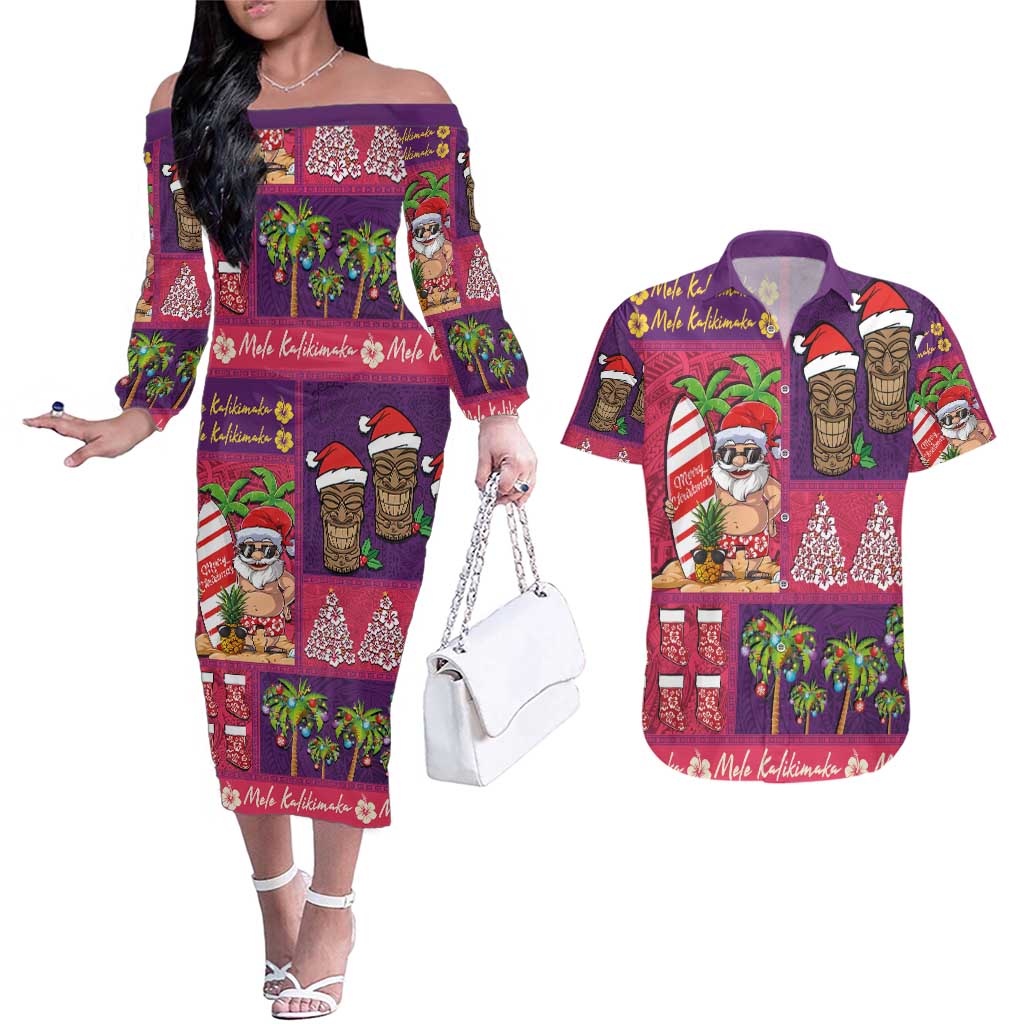 Hawaiian Christmas Couples Matching Off The Shoulder Long Sleeve Dress and Hawaiian Shirt - Mele Kalikimaka Island Holiday Vibes - Pink Purple