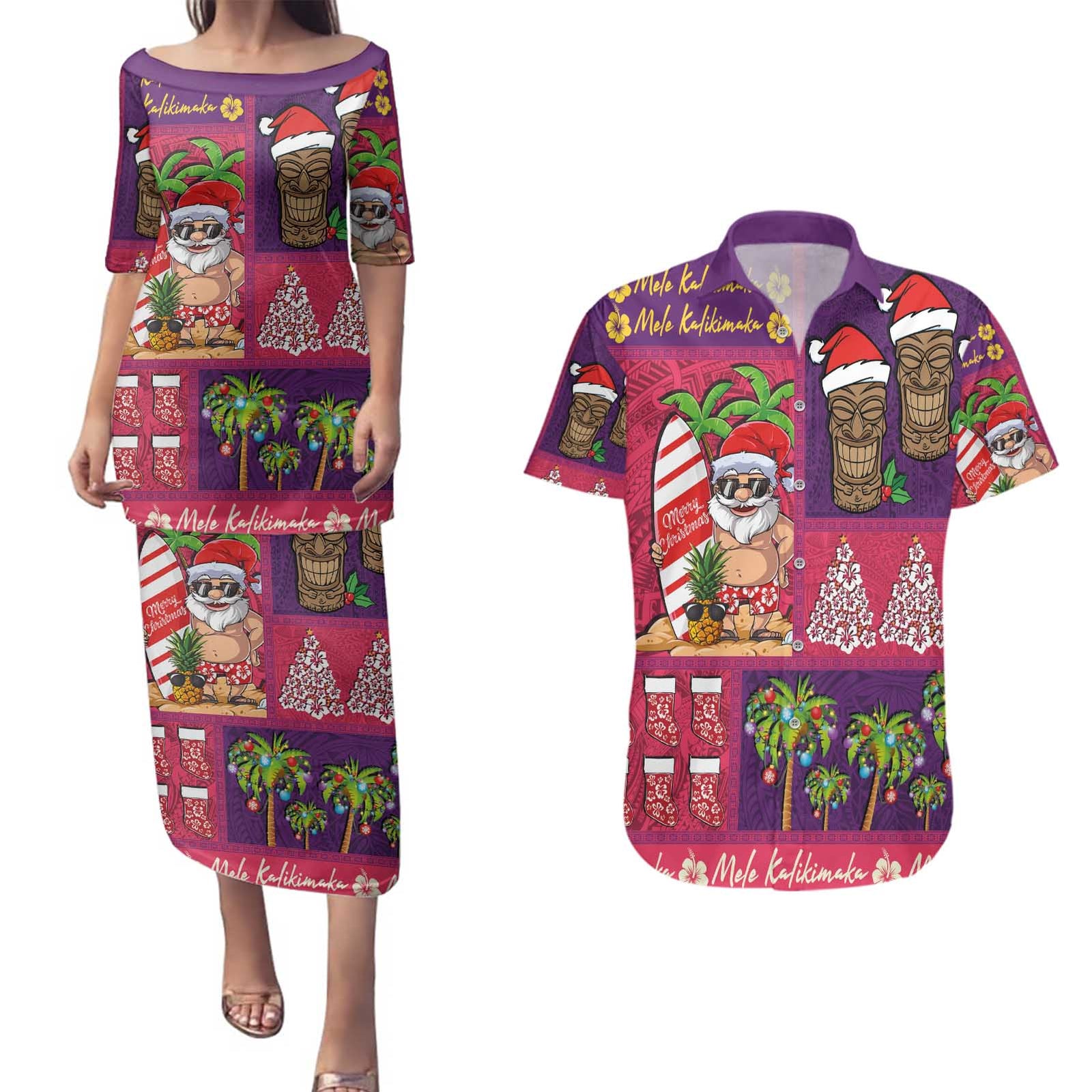 Hawaiian Christmas Couples Matching Puletasi and Hawaiian Shirt - Mele Kalikimaka Island Holiday Vibes - Pink Purple LT03 Pink - Purple - Polynesian Pride