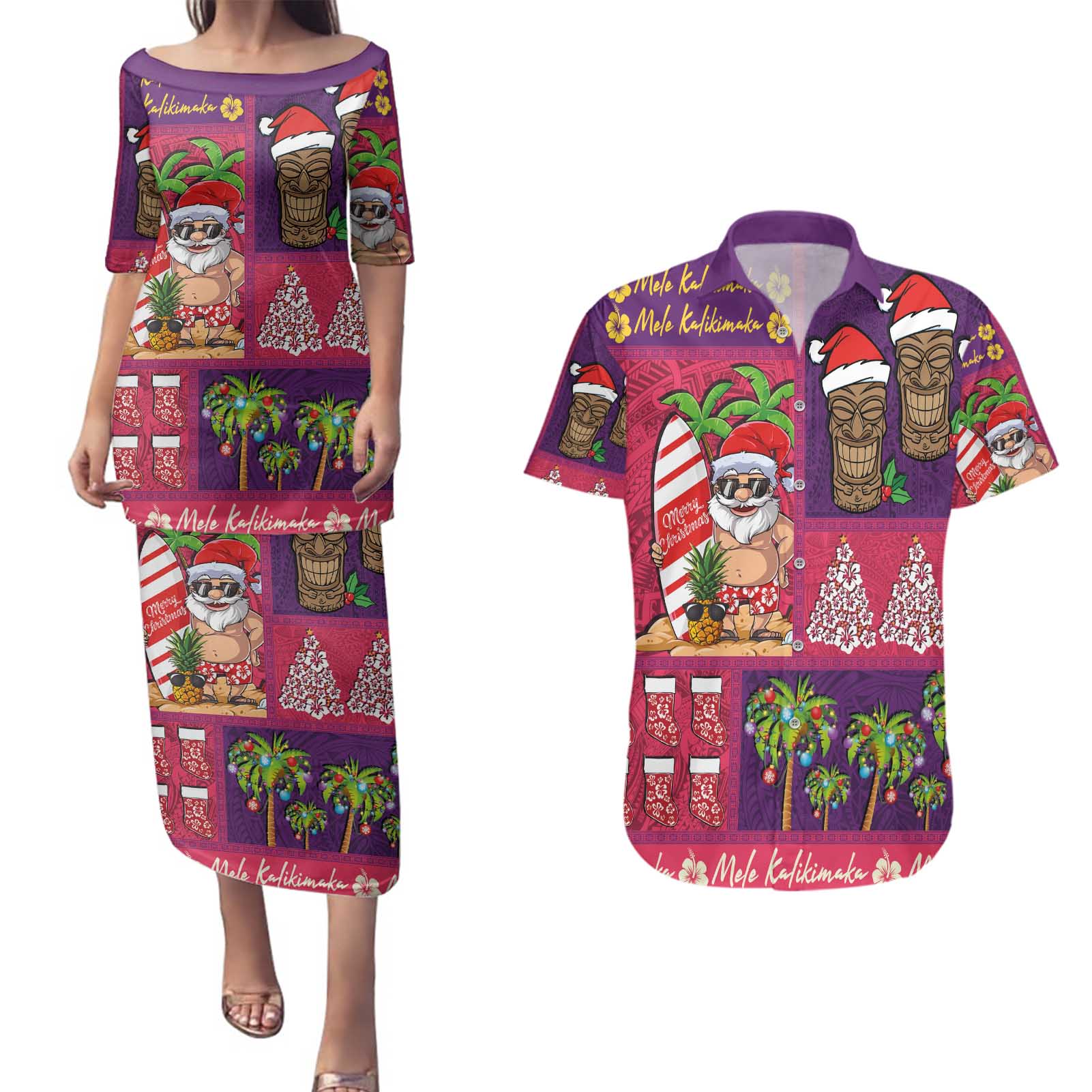 Hawaiian Christmas Couples Matching Puletasi and Hawaiian Shirt - Mele Kalikimaka Island Holiday Vibes - Pink Purple