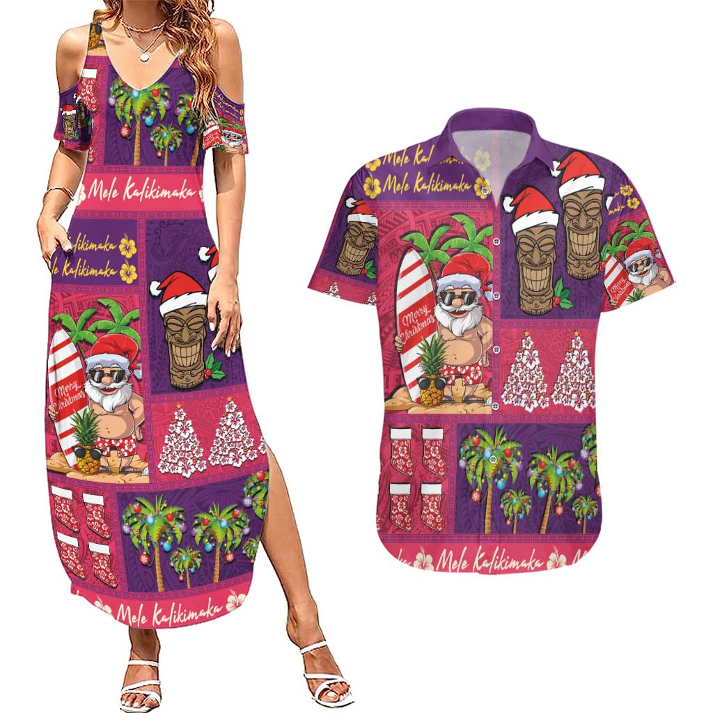 Hawaiian Christmas Couples Matching Summer Maxi Dress and Hawaiian Shirt - Mele Kalikimaka Island Holiday Vibes - Pink Purple