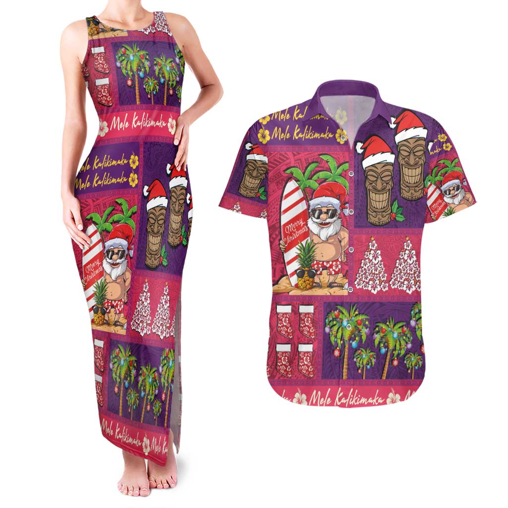 Hawaiian Christmas Couples Matching Tank Maxi Dress and Hawaiian Shirt - Mele Kalikimaka Island Holiday Vibes - Pink Purple