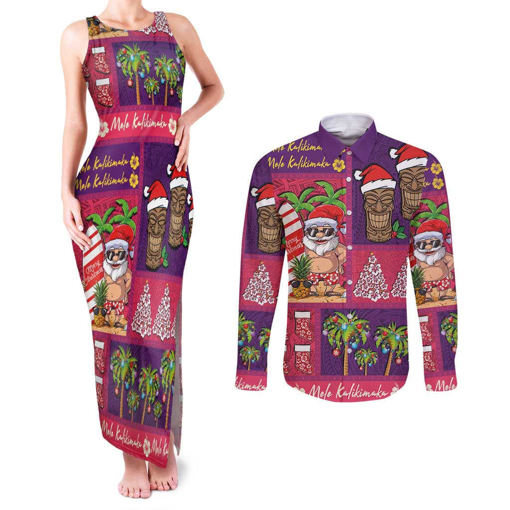 Hawaiian Christmas Couples Matching Tank Maxi Dress and Long Sleeve Button Shirt - Mele Kalikimaka Island Holiday Vibes - Pink Purple