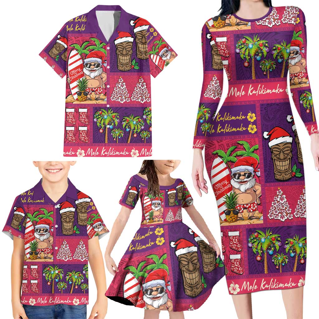 Hawaiian Christmas Family Matching Long Sleeve Bodycon Dress and Hawaiian Shirt - Mele Kalikimaka Island Holiday Vibes - Pink Purple