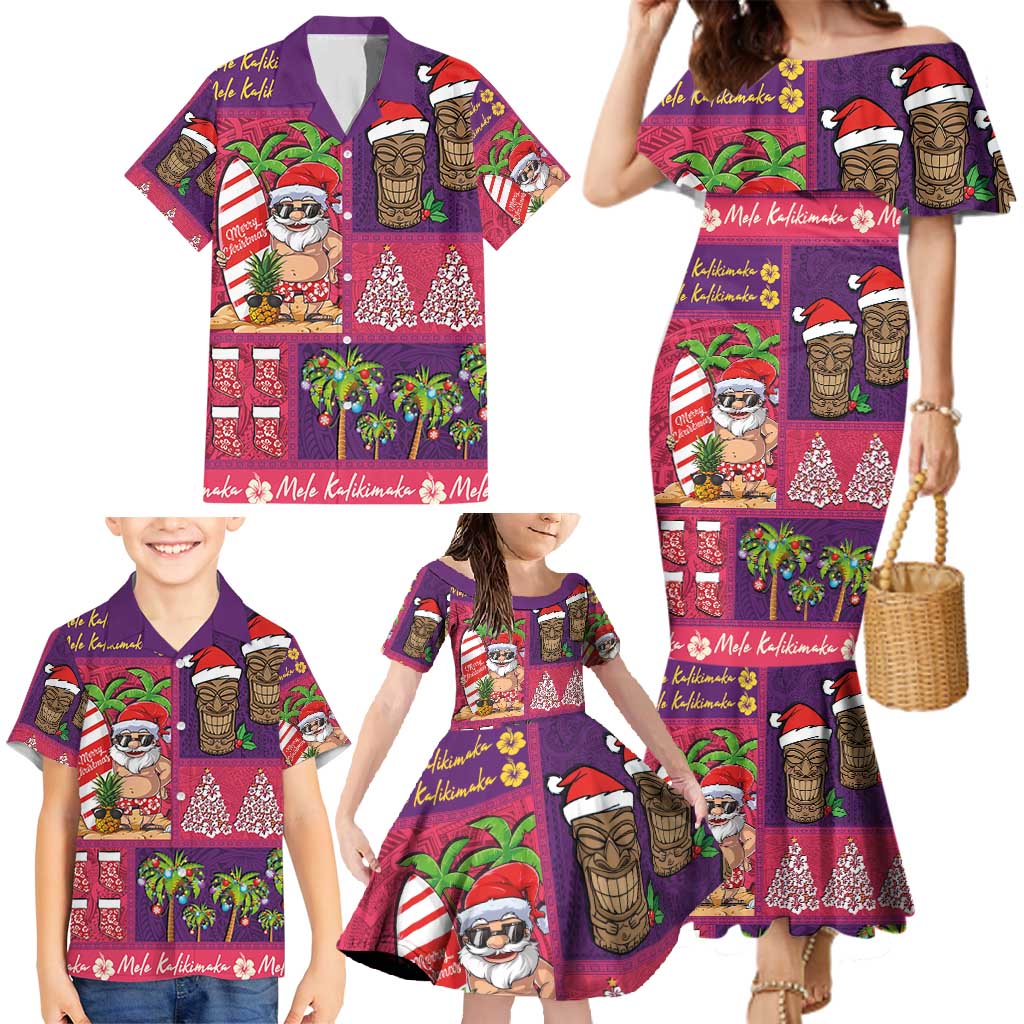 Hawaiian Christmas Family Matching Mermaid Dress and Hawaiian Shirt - Mele Kalikimaka Island Holiday Vibes - Pink Purple