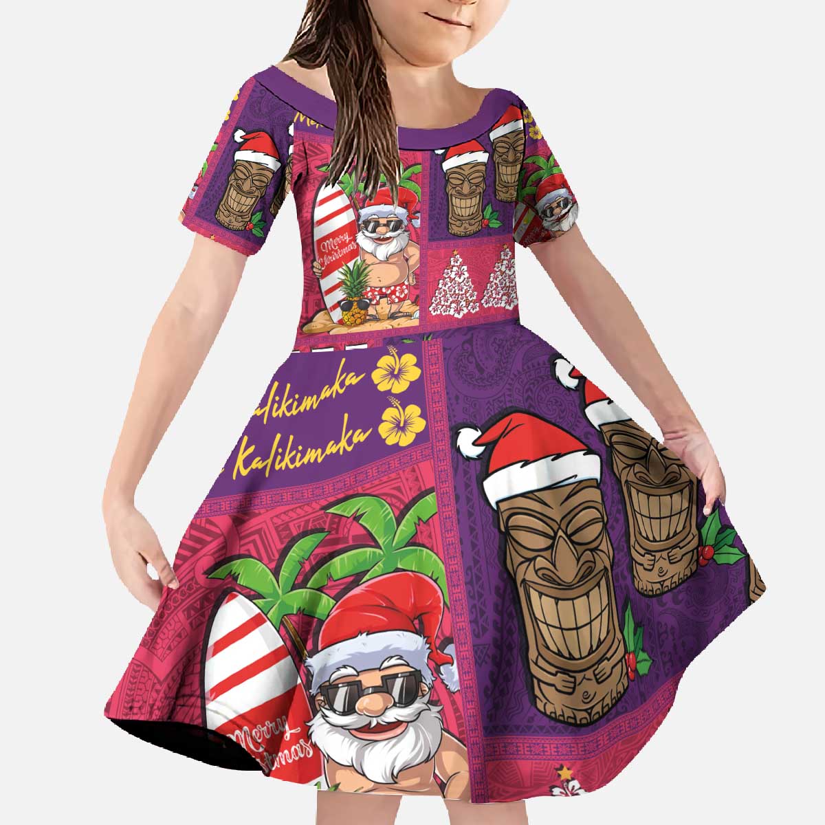 Hawaiian Christmas Family Matching Off The Shoulder Long Sleeve Dress and Hawaiian Shirt - Mele Kalikimaka Island Holiday Vibes - Pink Purple