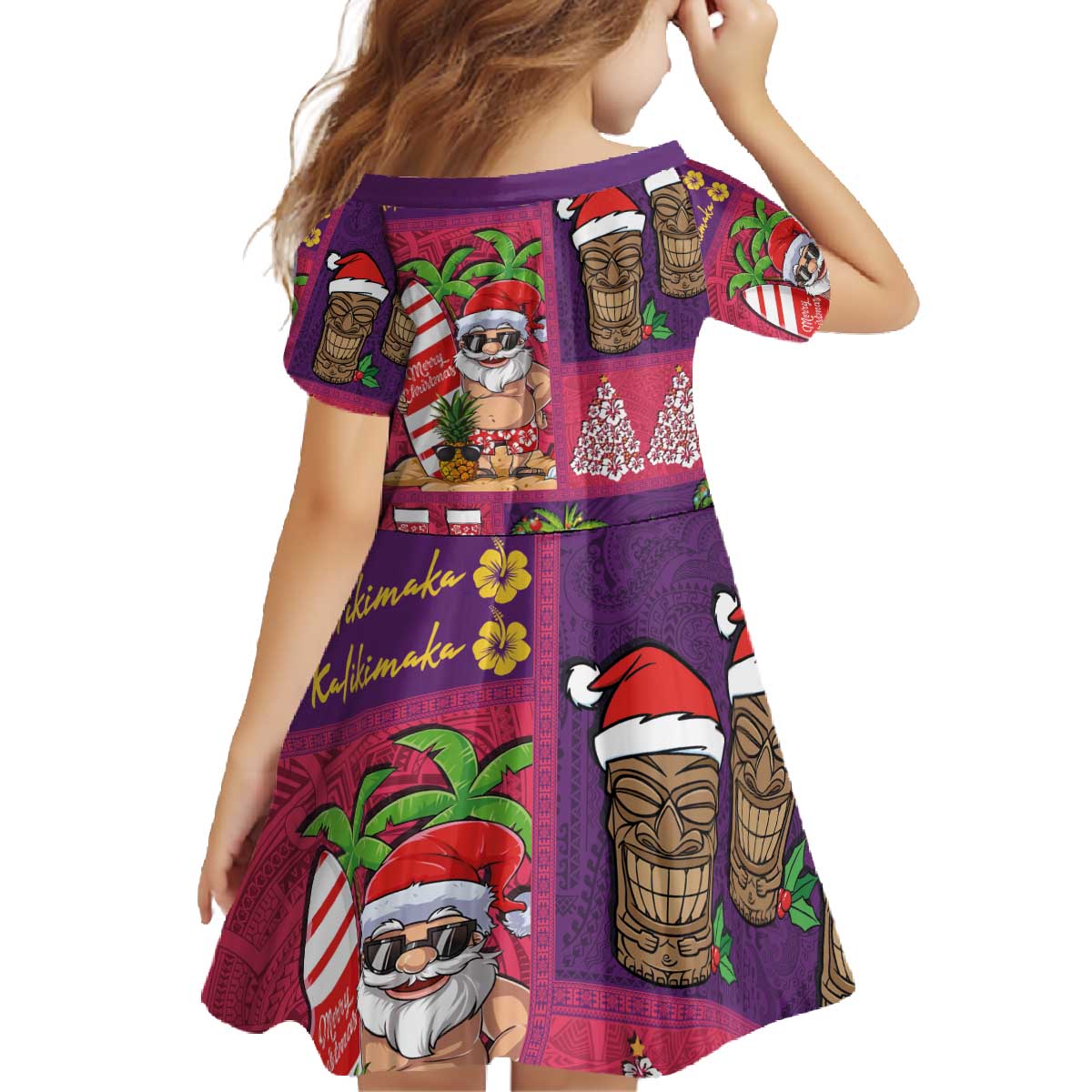 Hawaiian Christmas Family Matching Off The Shoulder Long Sleeve Dress and Hawaiian Shirt - Mele Kalikimaka Island Holiday Vibes - Pink Purple