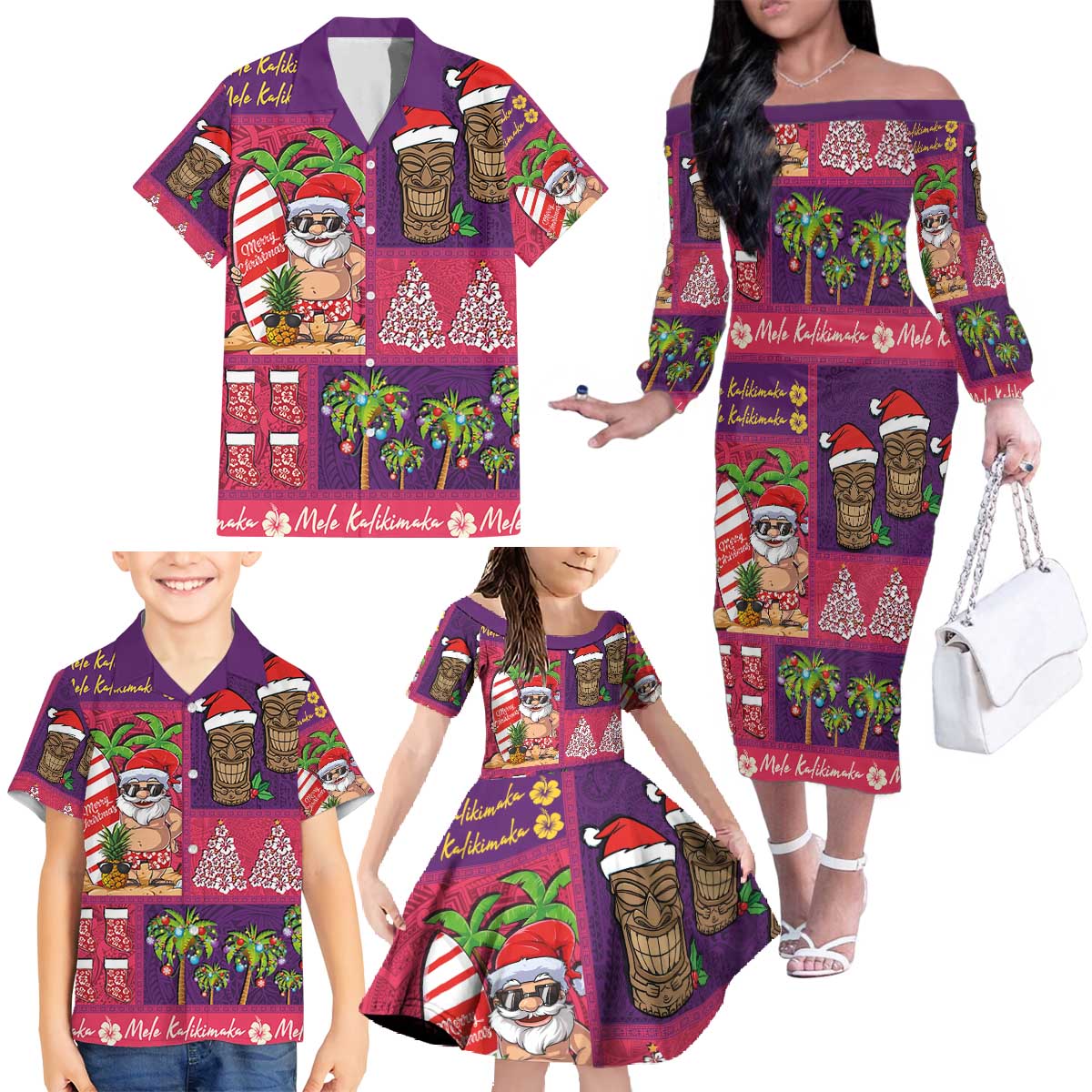 Hawaiian Christmas Family Matching Off The Shoulder Long Sleeve Dress and Hawaiian Shirt - Mele Kalikimaka Island Holiday Vibes - Pink Purple