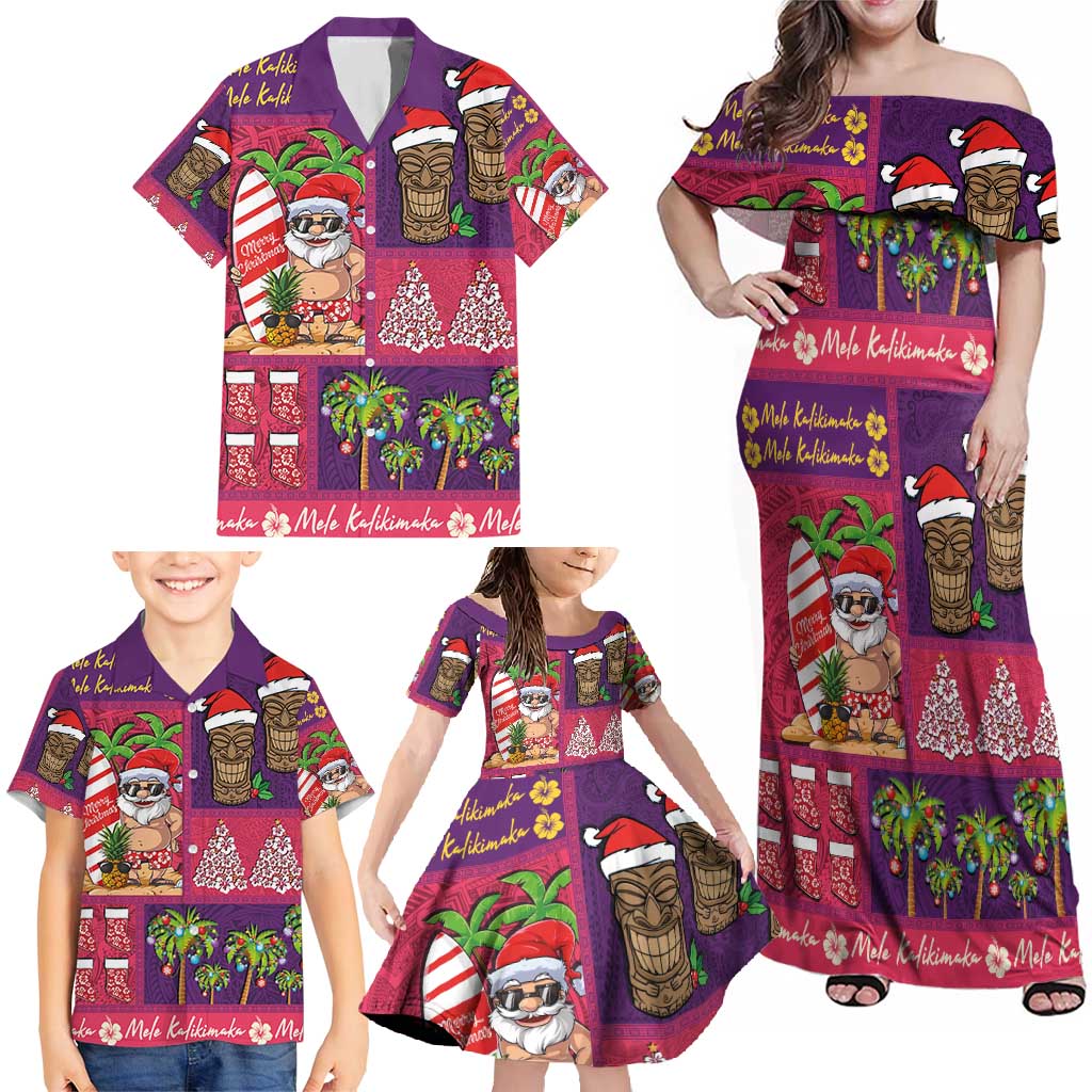 Hawaiian Christmas Family Matching Off Shoulder Maxi Dress and Hawaiian Shirt - Mele Kalikimaka Island Holiday Vibes - Pink Purple