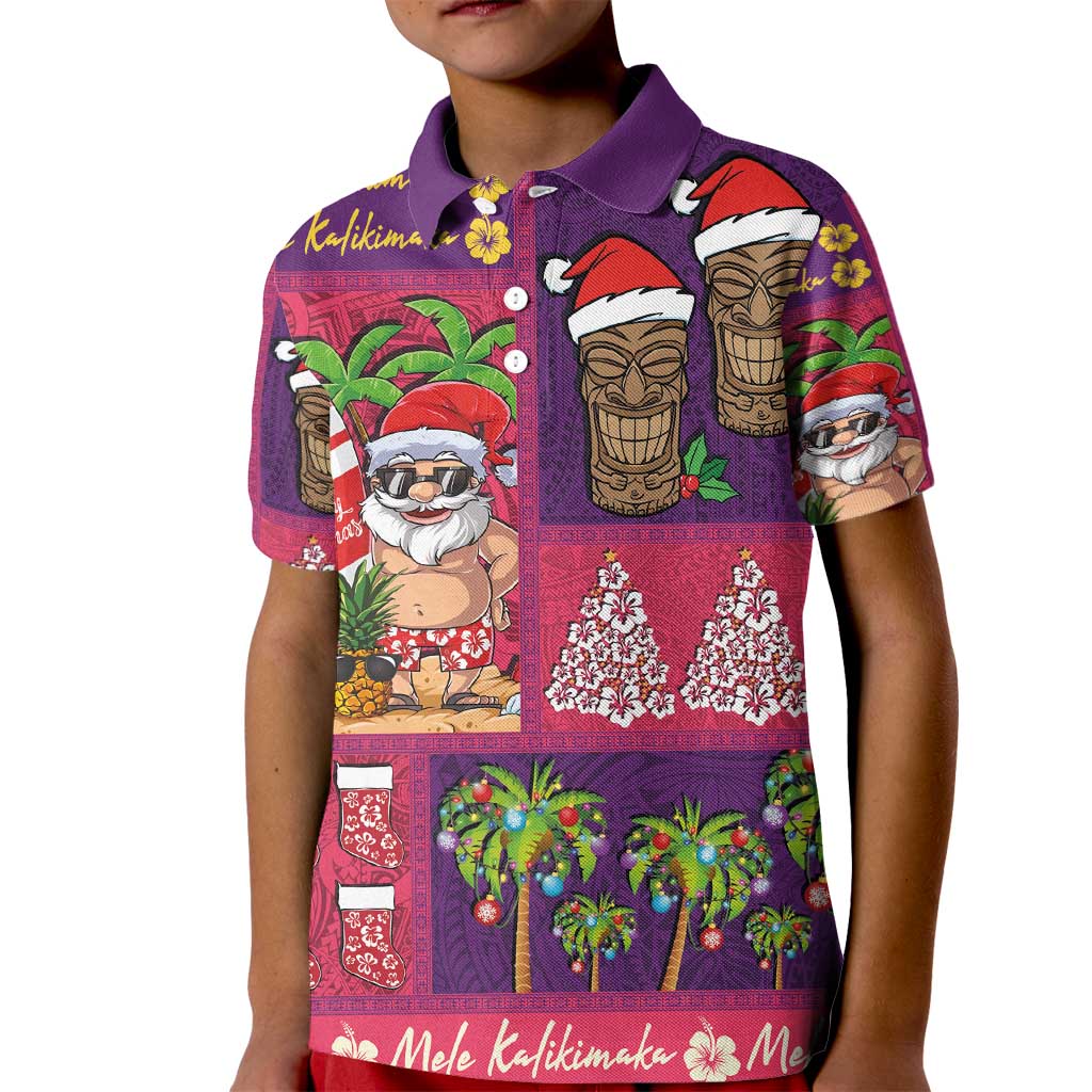 Hawaiian Christmas Kid Polo Shirt - Mele Kalikimaka Island Holiday Vibes - Pink Purple