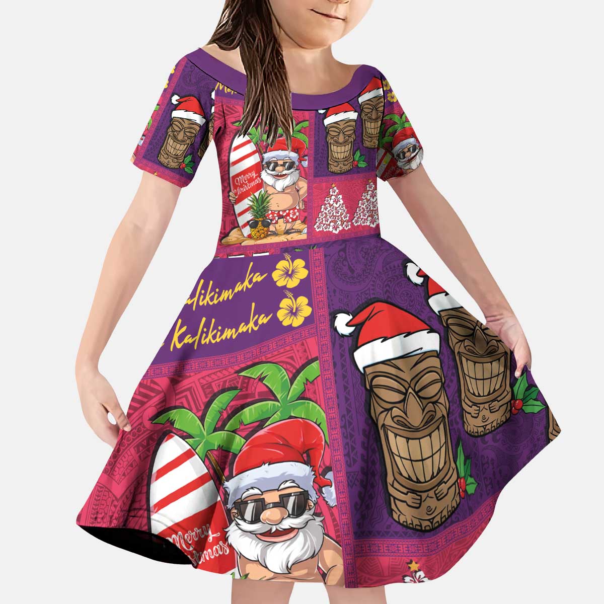 Hawaiian Christmas Kid Short Sleeve Dress - Mele Kalikimaka Island Holiday Vibes - Pink Purple