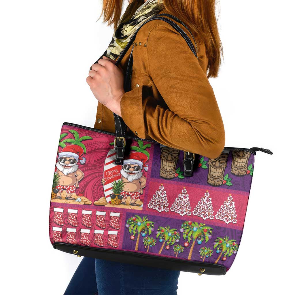 Hawaiian Christmas Leather Tote Bag - Mele Kalikimaka Island Holiday Vibes - Pink Purple