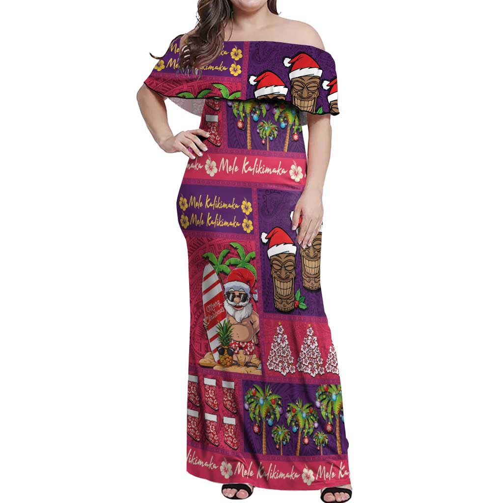 Hawaiian Christmas Off Shoulder Maxi Dress - Mele Kalikimaka Island Holiday Vibes - Pink Purple