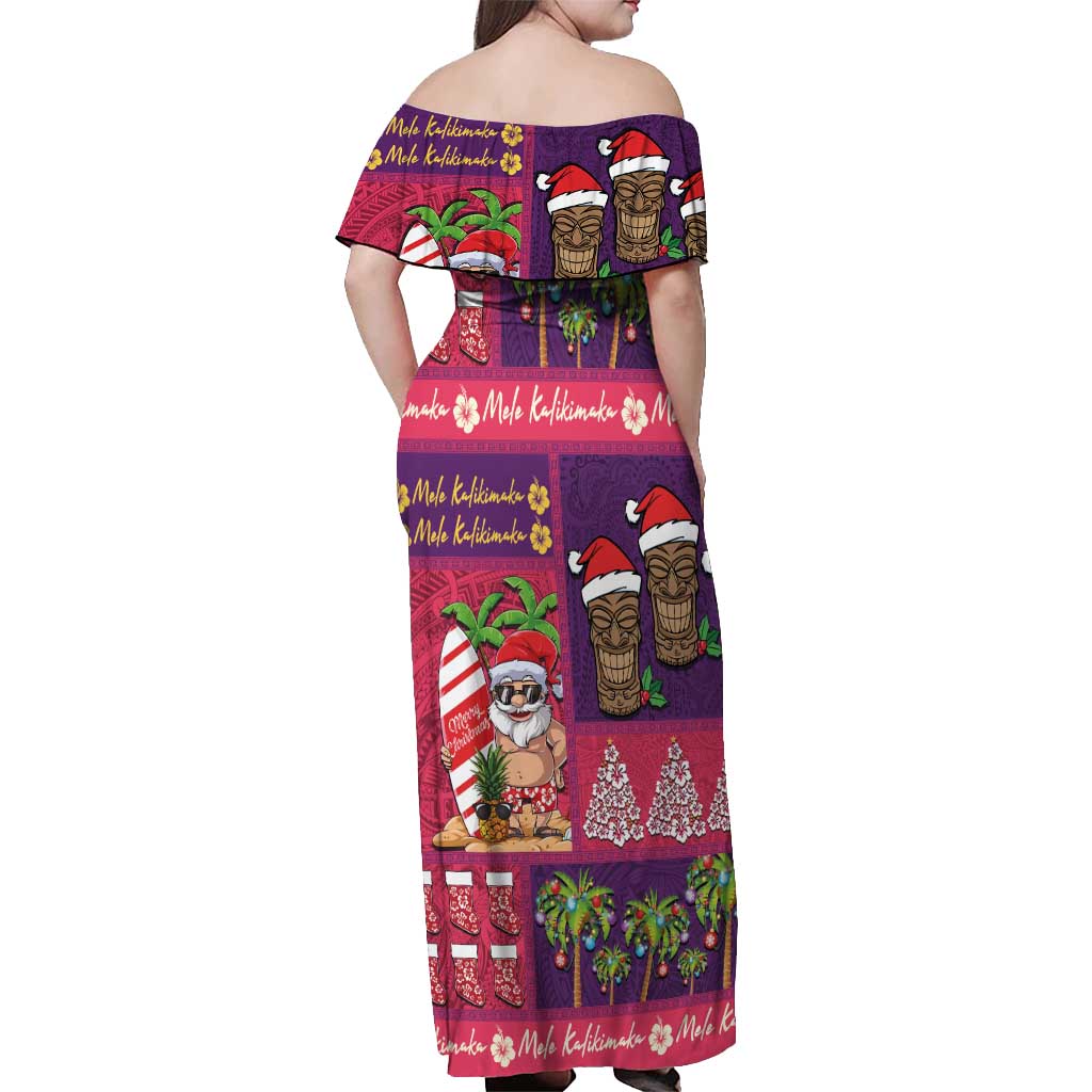 Hawaiian Christmas Off Shoulder Maxi Dress - Mele Kalikimaka Island Holiday Vibes - Pink Purple