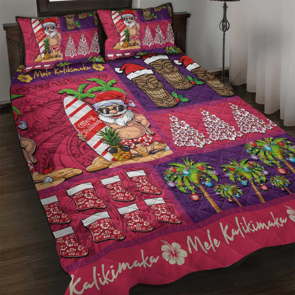 Hawaiian Christmas Quilt Bed Set - Mele Kalikimaka Island Holiday Vibes - Pink Purple