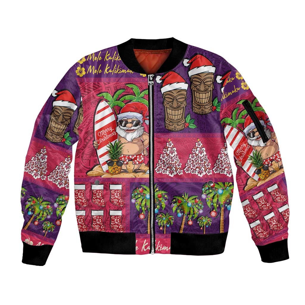 Hawaiian Christmas Sleeve Zip Bomber Jacket - Mele Kalikimaka Island Holiday Vibes - Pink Purple