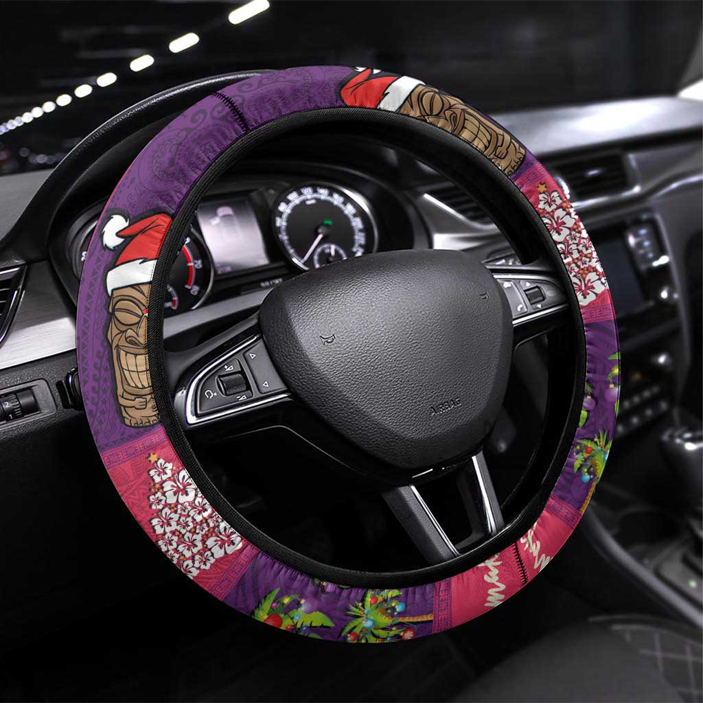 Hawaiian Christmas Steering Wheel Cover - Mele Kalikimaka Island Holiday Vibes - Pink Purple LT03 Universal Fit Pink - Purple - Polynesian Pride