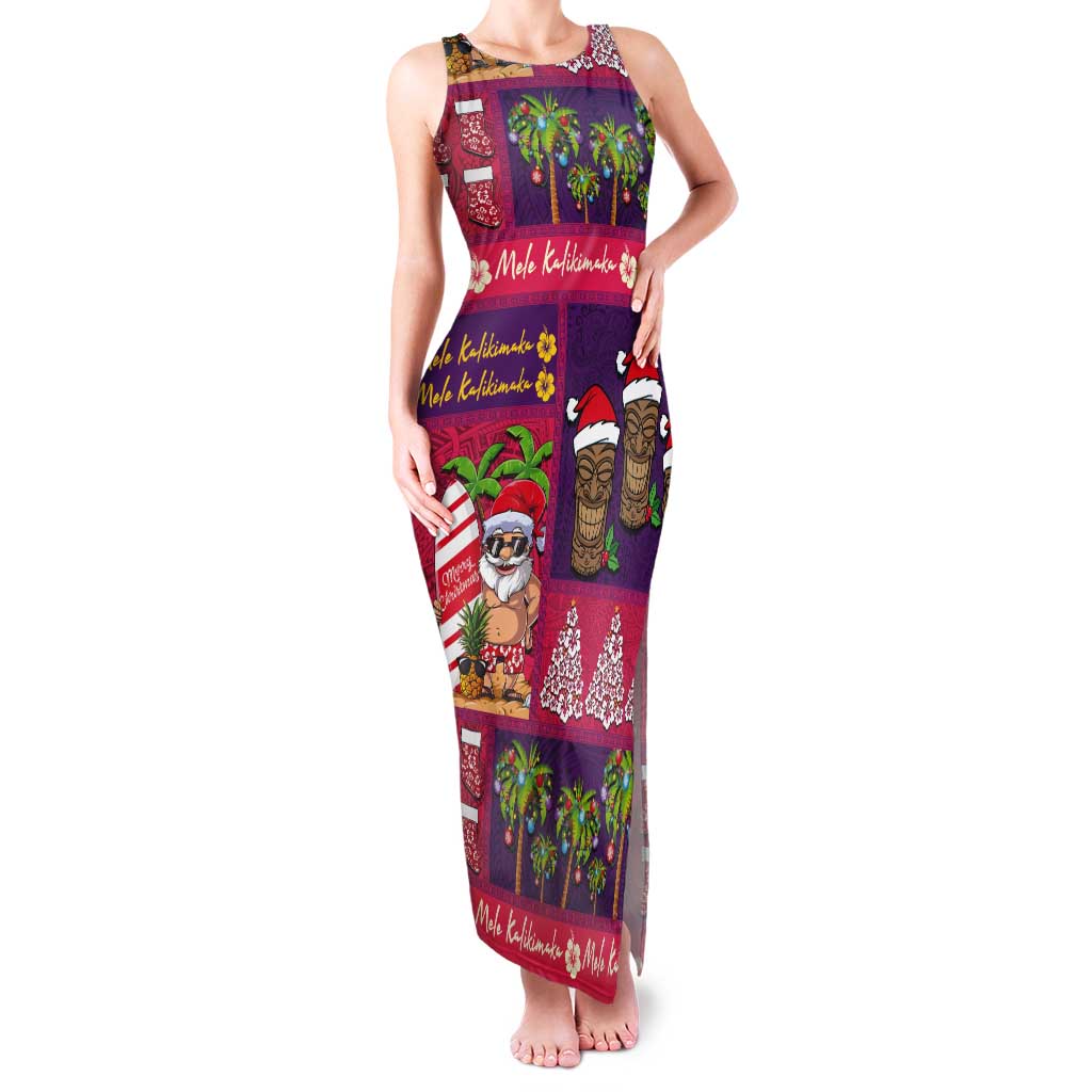 Hawaiian Christmas Tank Maxi Dress - Mele Kalikimaka Island Holiday Vibes - Pink Purple LT03 Women Pink - Purple - Polynesian Pride