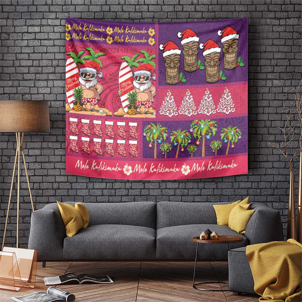 Hawaiian Christmas Tapestry - Mele Kalikimaka Island Holiday Vibes - Pink Purple