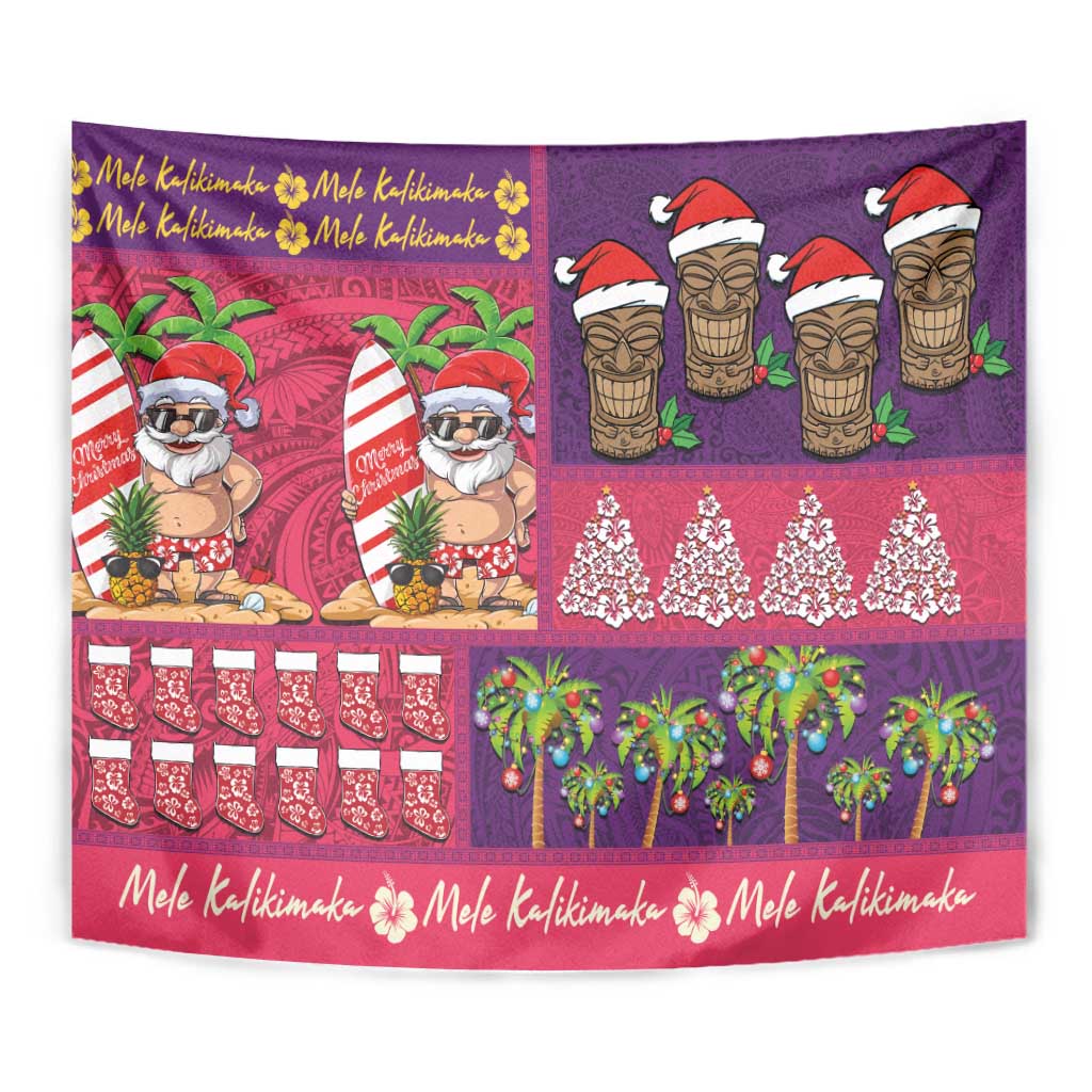 Hawaiian Christmas Tapestry - Mele Kalikimaka Island Holiday Vibes - Pink Purple