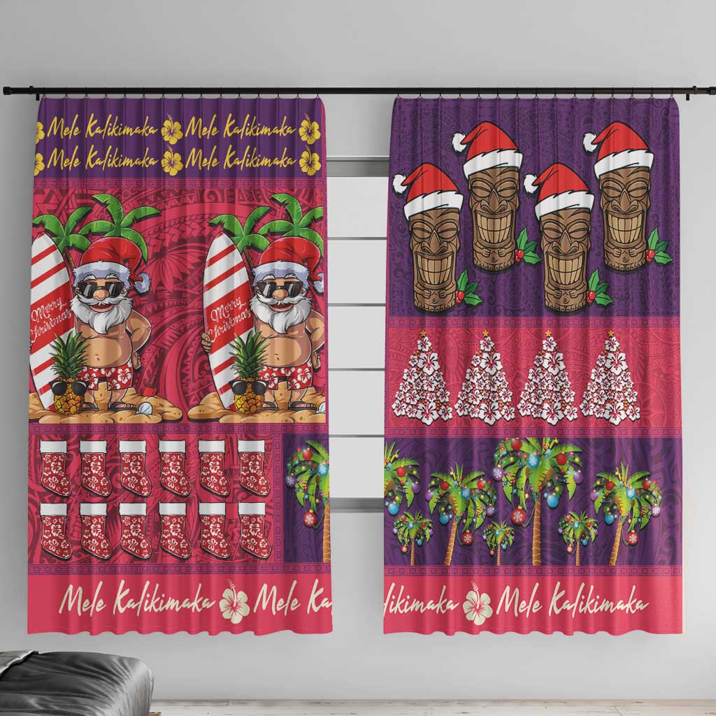 Hawaiian Christmas Window Curtain - Mele Kalikimaka Island Holiday Vibes - Pink Purple LT03 With Hooks Pink - Purple - Polynesian Pride