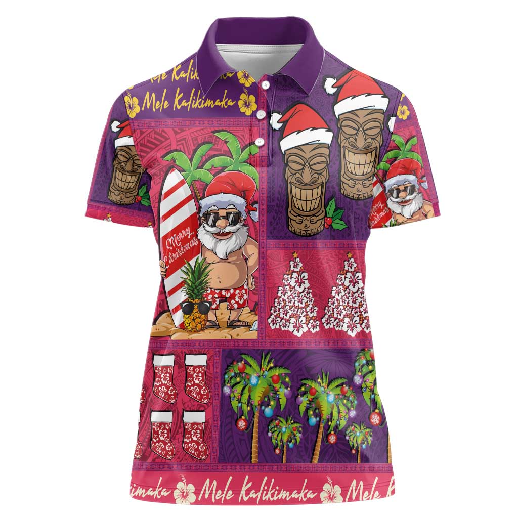 Hawaiian Christmas Women Polo Shirt - Mele Kalikimaka Island Holiday Vibes - Pink Purple