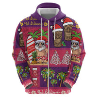 Hawaiian Christmas Zip Hoodie - Mele Kalikimaka Island Holiday Vibes - Pink Purple