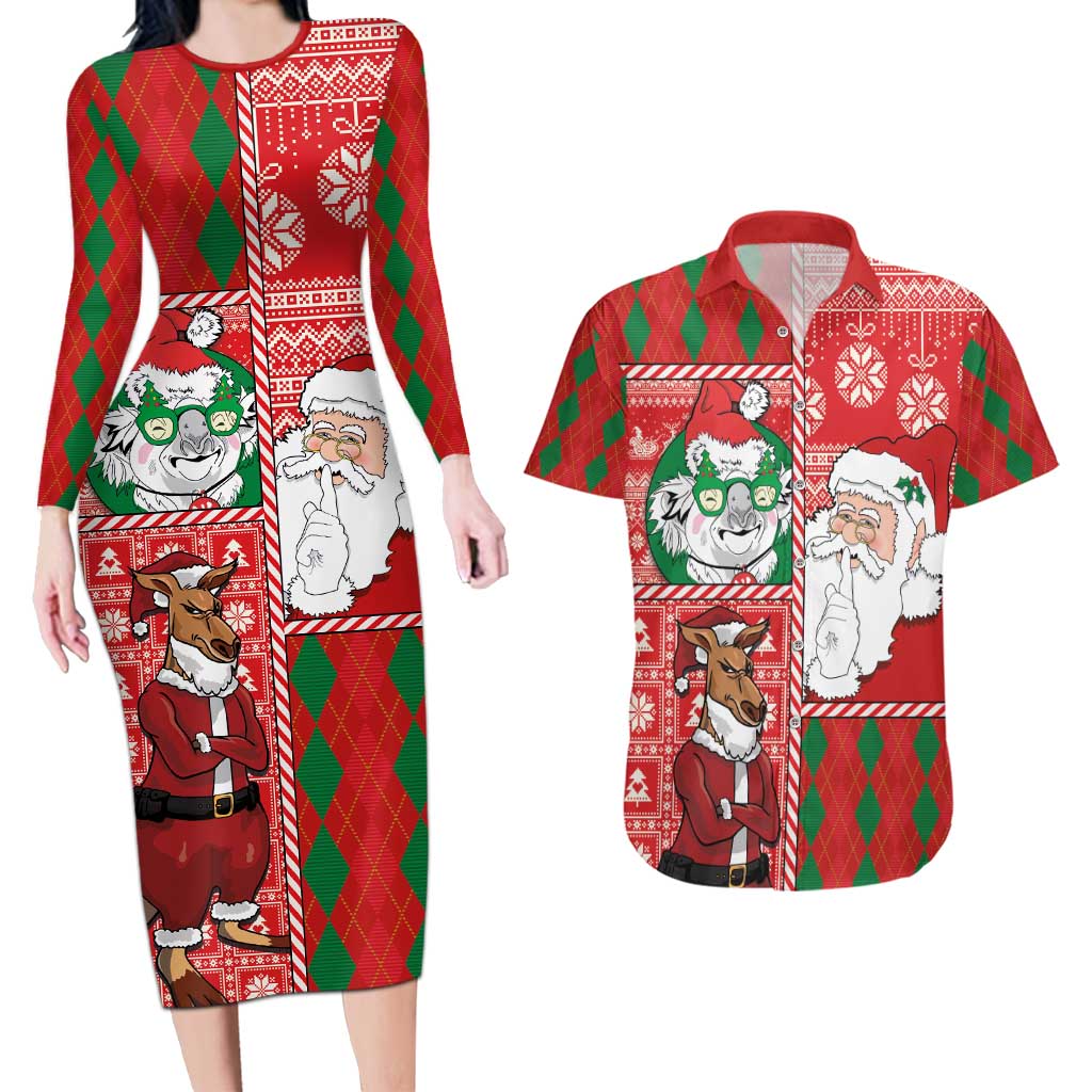 Australian Christmas Couples Matching Long Sleeve Bodycon Dress and Hawaiian Shirt - Santa Koala Kangaroo and Holiday Cheer