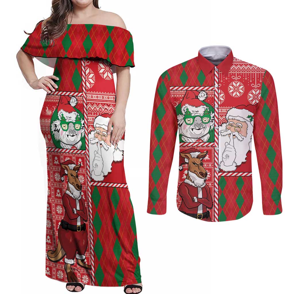 Australian Christmas Couples Matching Off Shoulder Maxi Dress and Long Sleeve Button Shirt - Santa Koala Kangaroo and Holiday Cheer