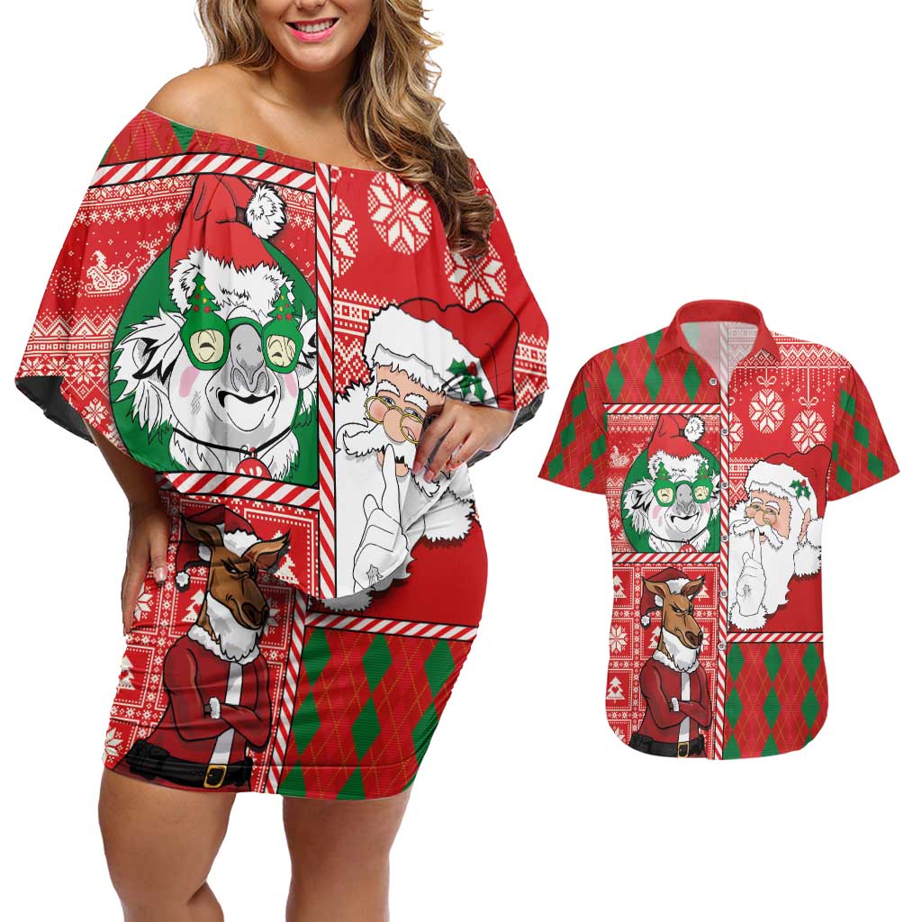 Australian Christmas Couples Matching Off Shoulder Short Dress and Hawaiian Shirt - Santa Koala Kangaroo and Holiday Cheer