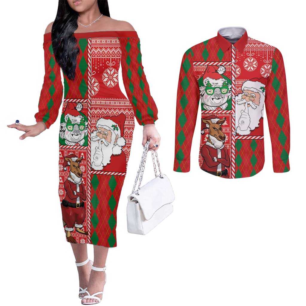 Australian Christmas Couples Matching Off The Shoulder Long Sleeve Dress and Long Sleeve Button Shirt - Santa Koala Kangaroo and Holiday Cheer