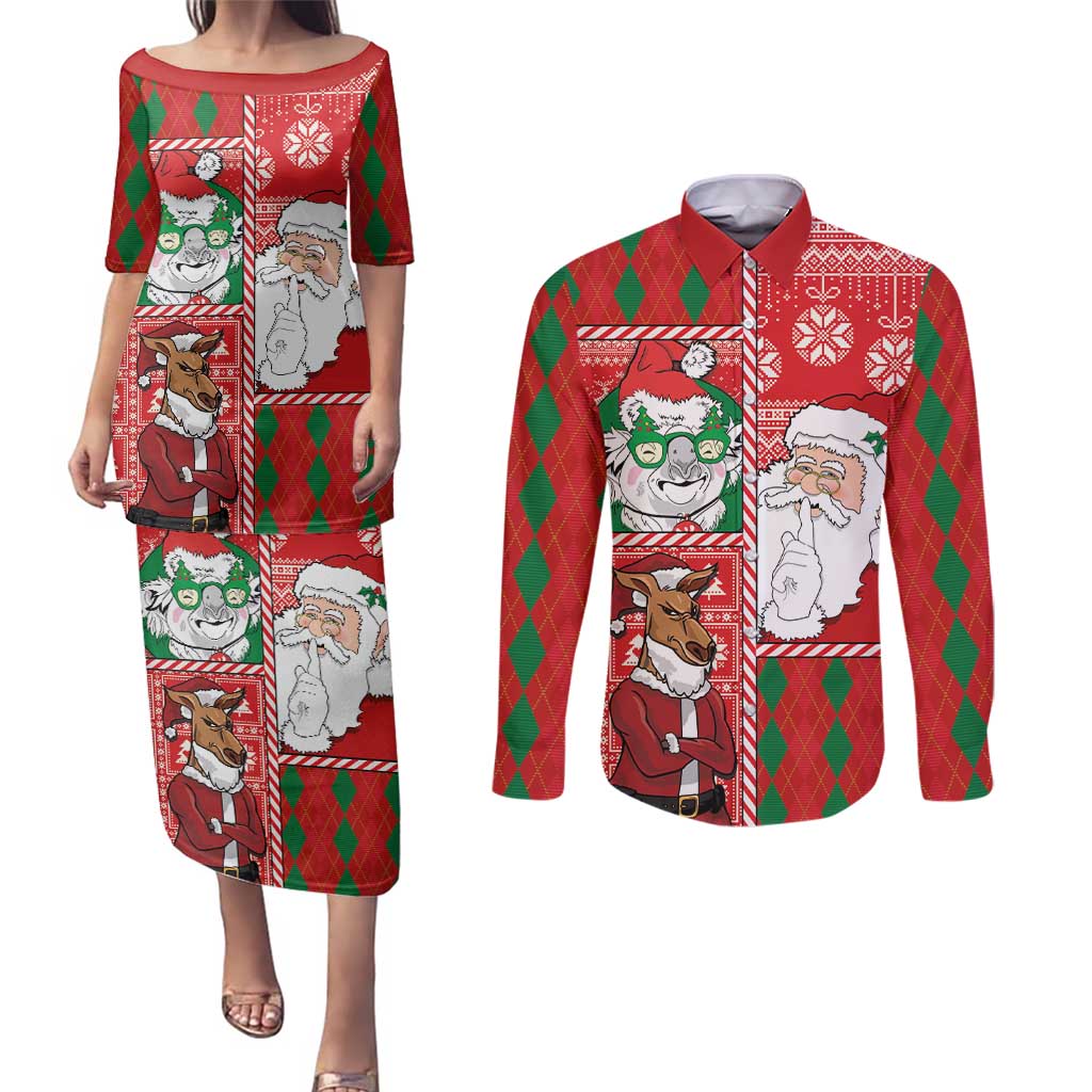 Australian Christmas Couples Matching Puletasi and Long Sleeve Button Shirt - Santa Koala Kangaroo and Holiday Cheer