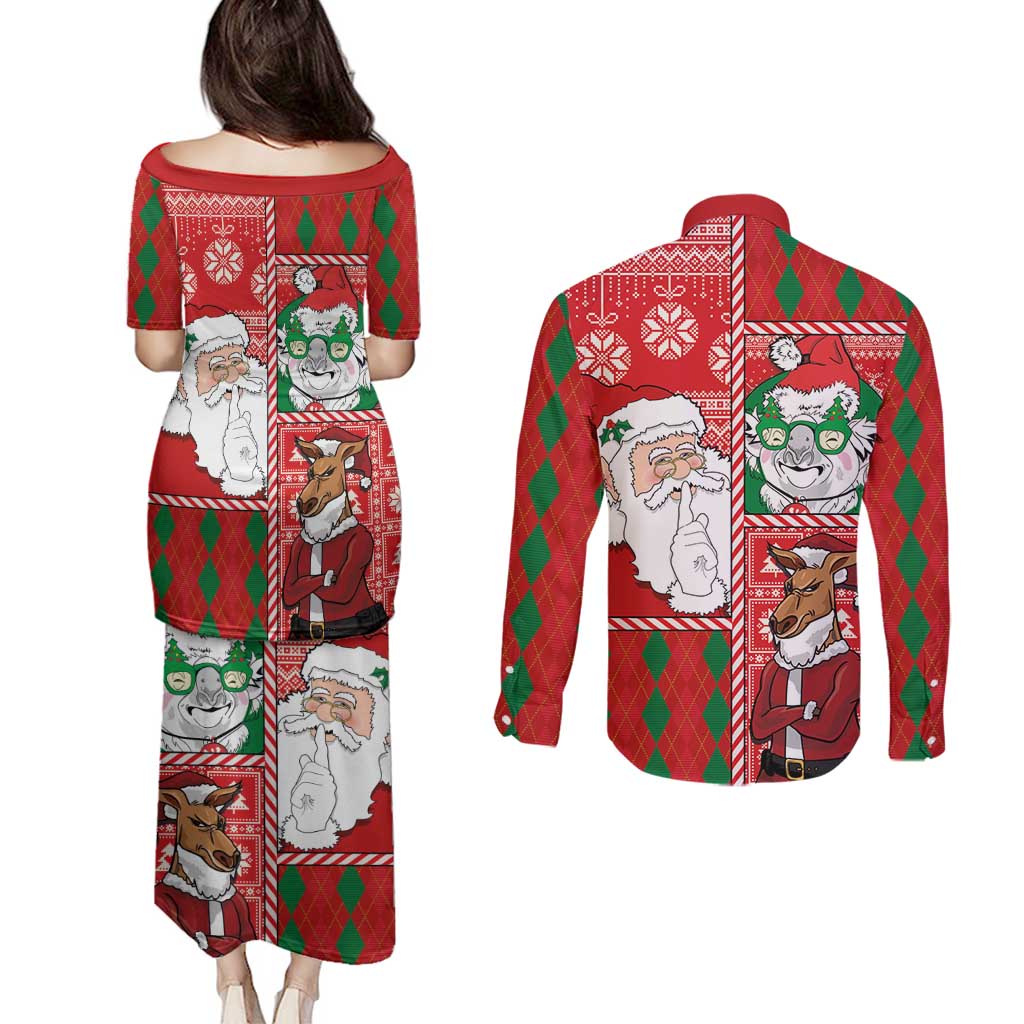 Australian Christmas Couples Matching Puletasi and Long Sleeve Button Shirt - Santa Koala Kangaroo and Holiday Cheer LT03 - Polynesian Pride