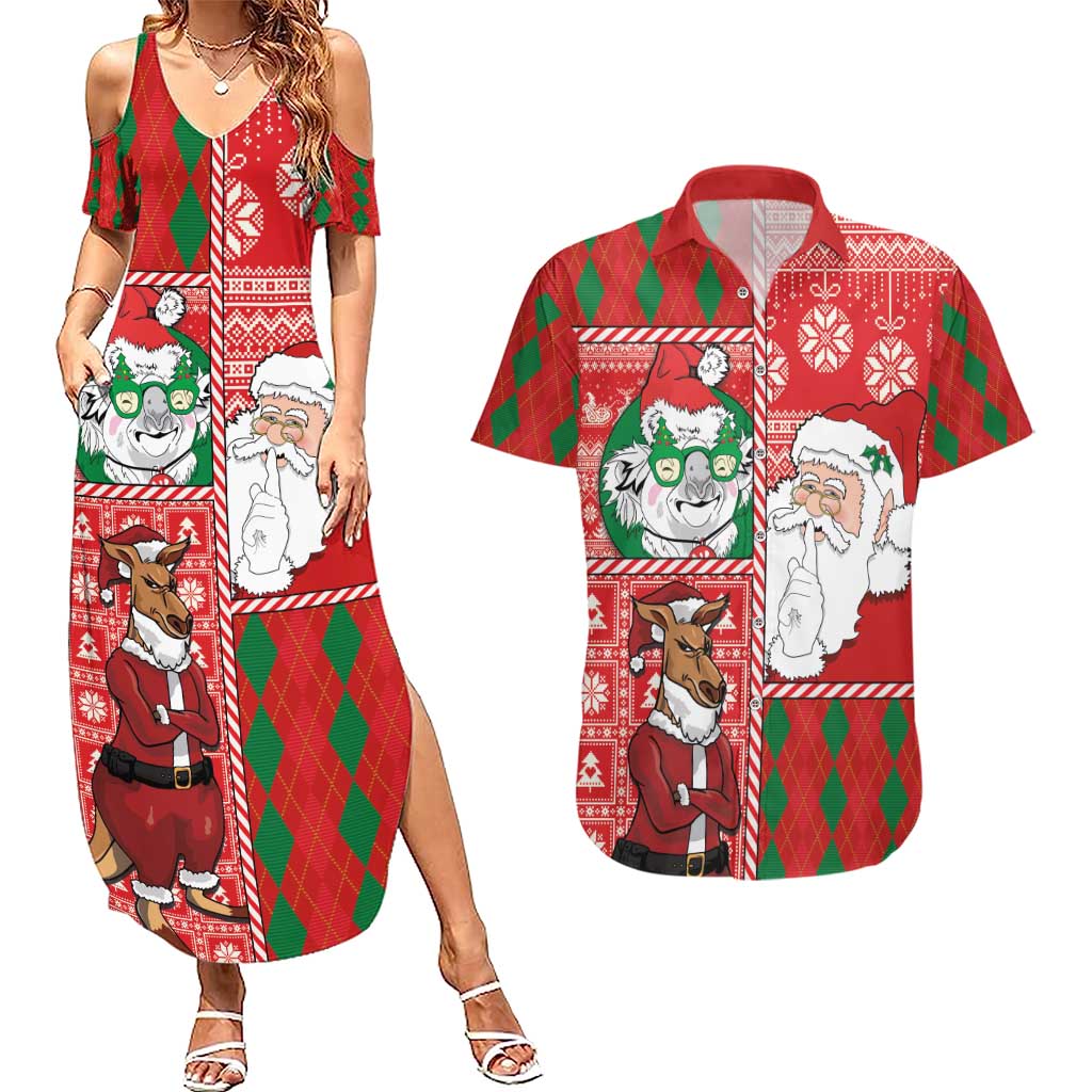 Australian Christmas Couples Matching Summer Maxi Dress and Hawaiian Shirt - Santa Koala Kangaroo and Holiday Cheer