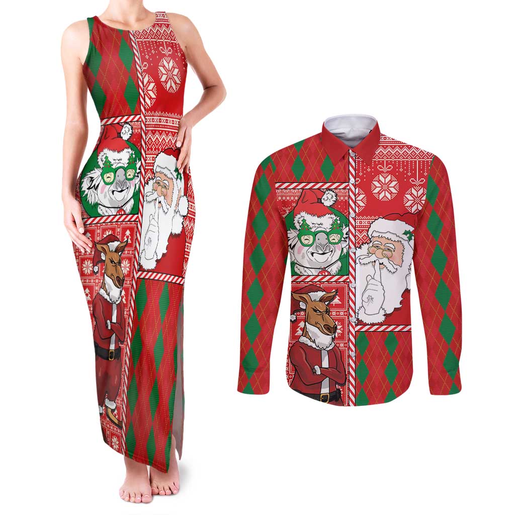 Australian Christmas Couples Matching Tank Maxi Dress and Long Sleeve Button Shirt - Santa Koala Kangaroo and Holiday Cheer