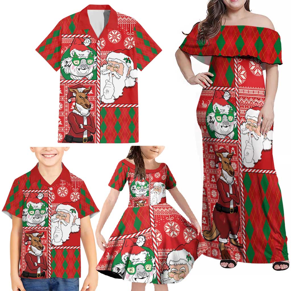 Australian Christmas Family Matching Off Shoulder Maxi Dress and Hawaiian Shirt - Santa Koala Kangaroo and Holiday Cheer