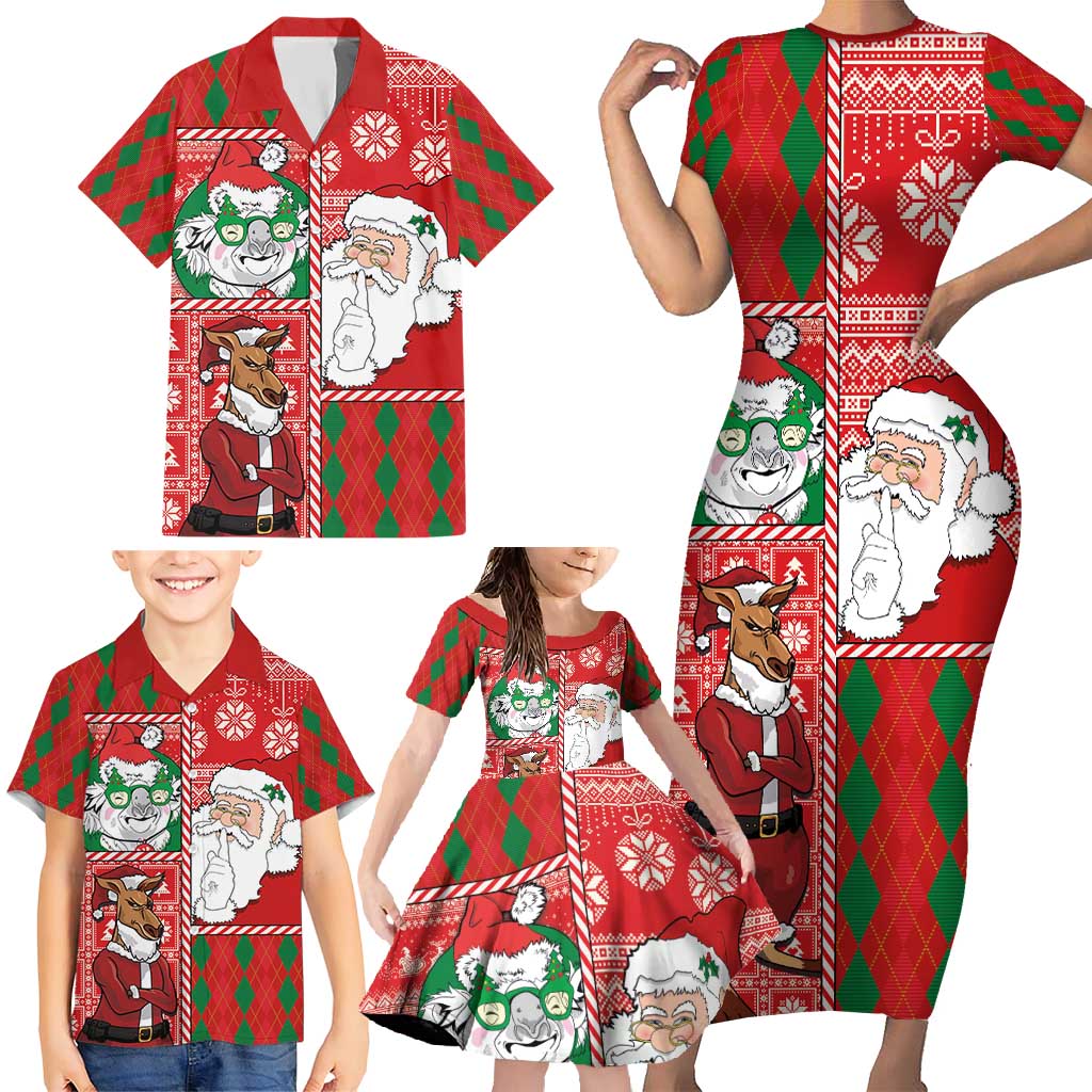 Australian Christmas Family Matching Short Sleeve Bodycon Dress and Hawaiian Shirt - Santa Koala Kangaroo and Holiday Cheer