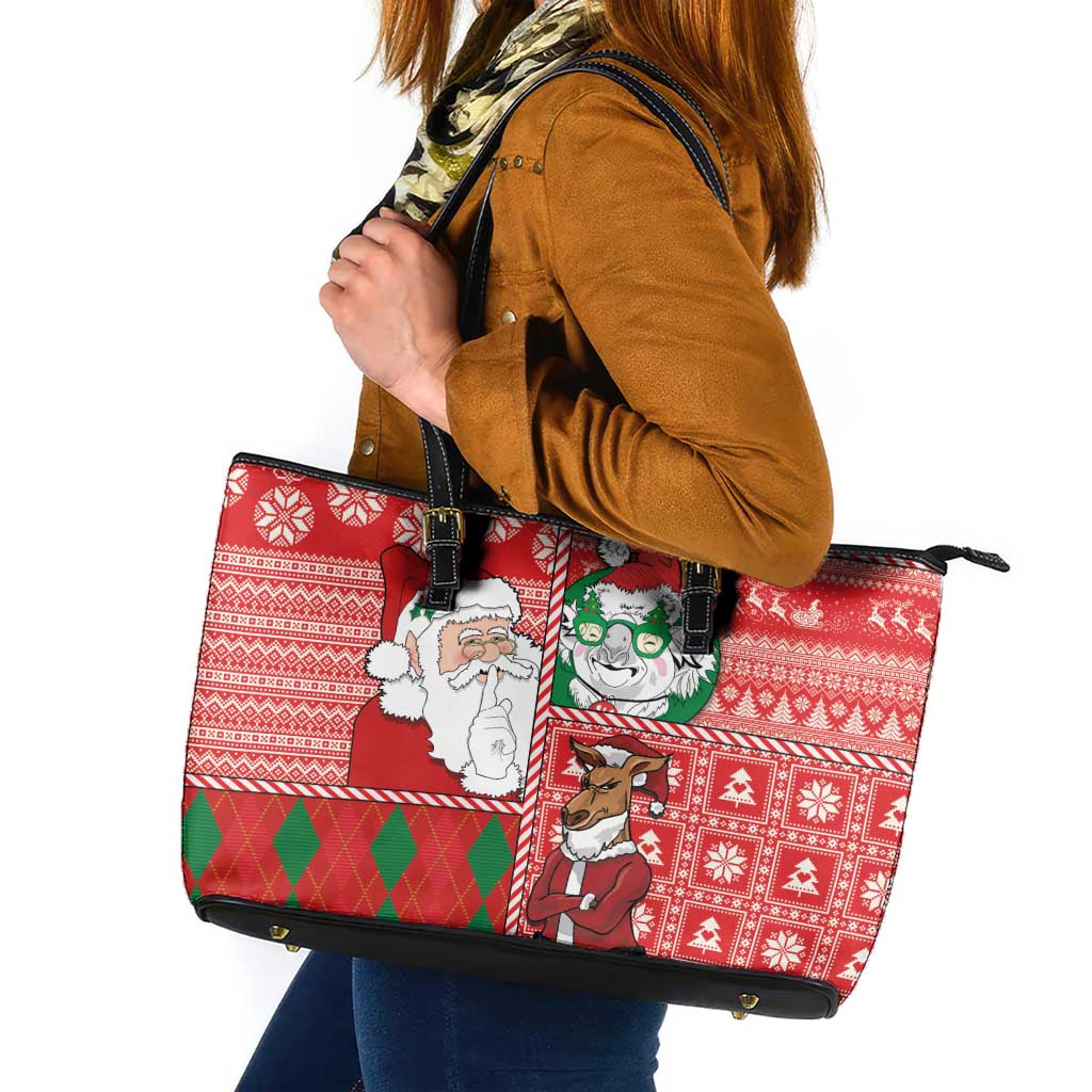 Australian Christmas Leather Tote Bag - Santa Koala Kangaroo and Holiday Cheer LT03 Red - Polynesian Pride