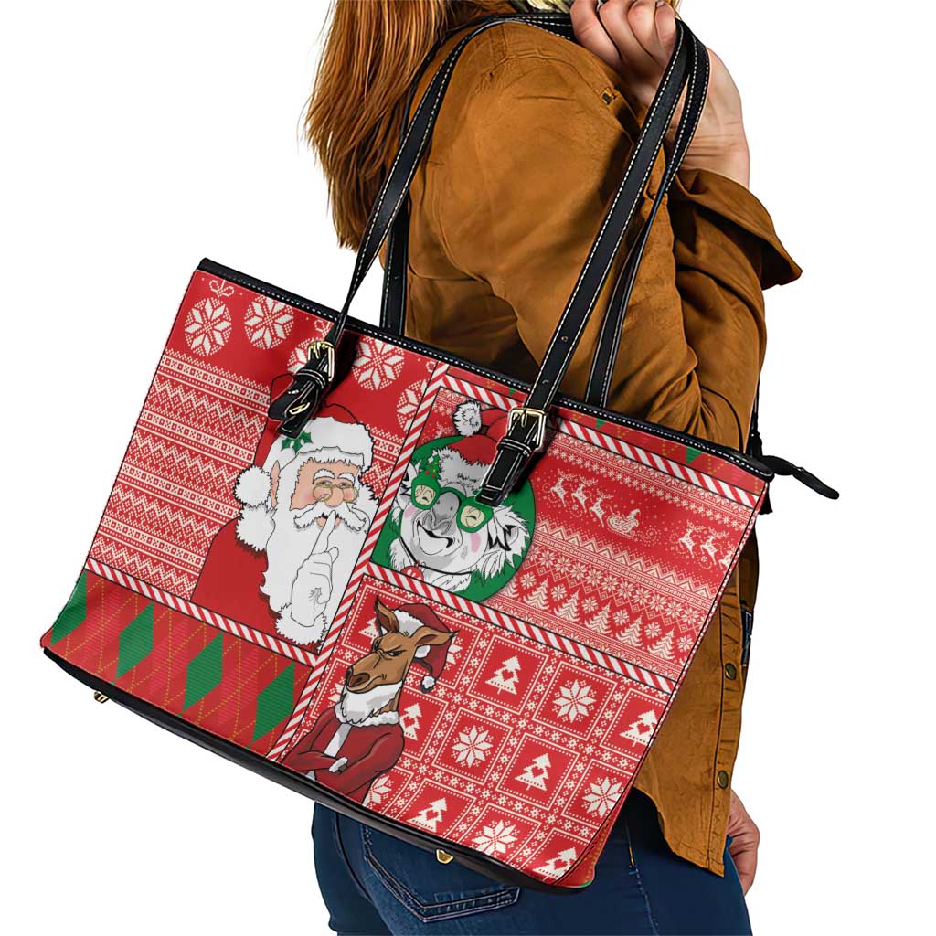 Australian Christmas Leather Tote Bag - Santa Koala Kangaroo and Holiday Cheer LT03 - Polynesian Pride