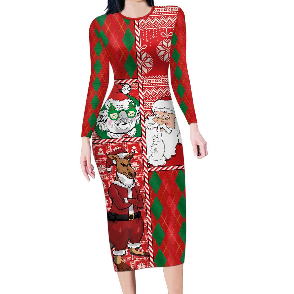 Australian Christmas Long Sleeve Bodycon Dress - Santa Koala Kangaroo and Holiday Cheer