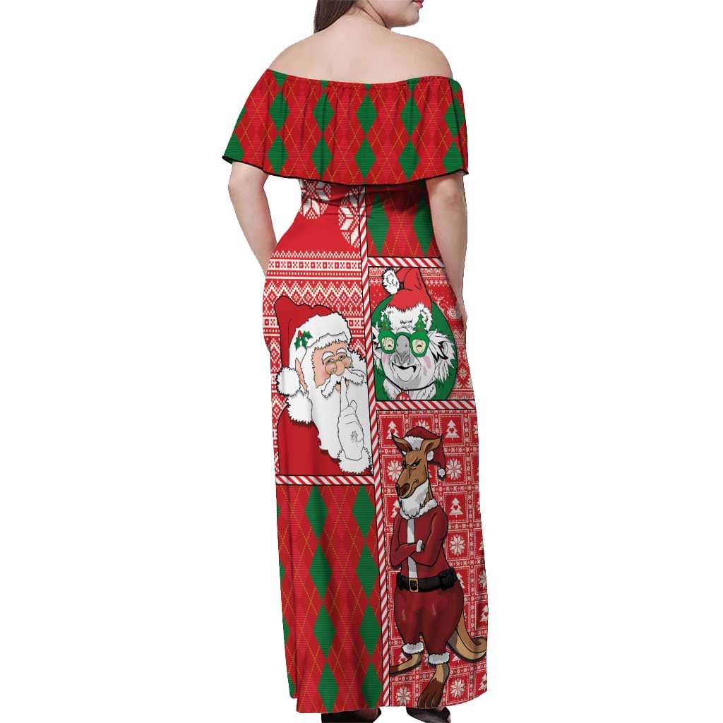 Australian Christmas Off Shoulder Maxi Dress - Santa Koala Kangaroo and Holiday Cheer LT03 - Polynesian Pride