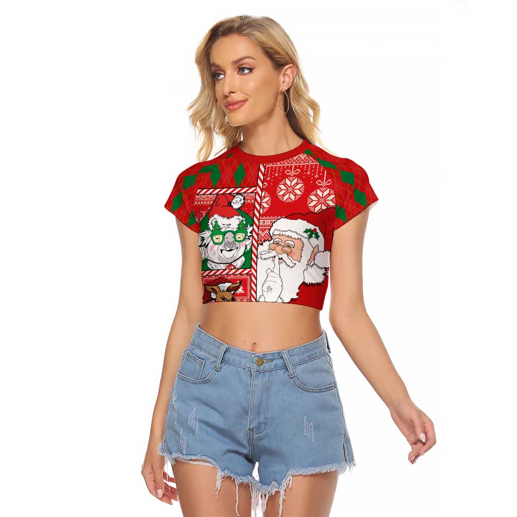 Australian Christmas Raglan Cropped T Shirt - Santa Koala Kangaroo and Holiday Cheer LT03 Female Red - Polynesian Pride