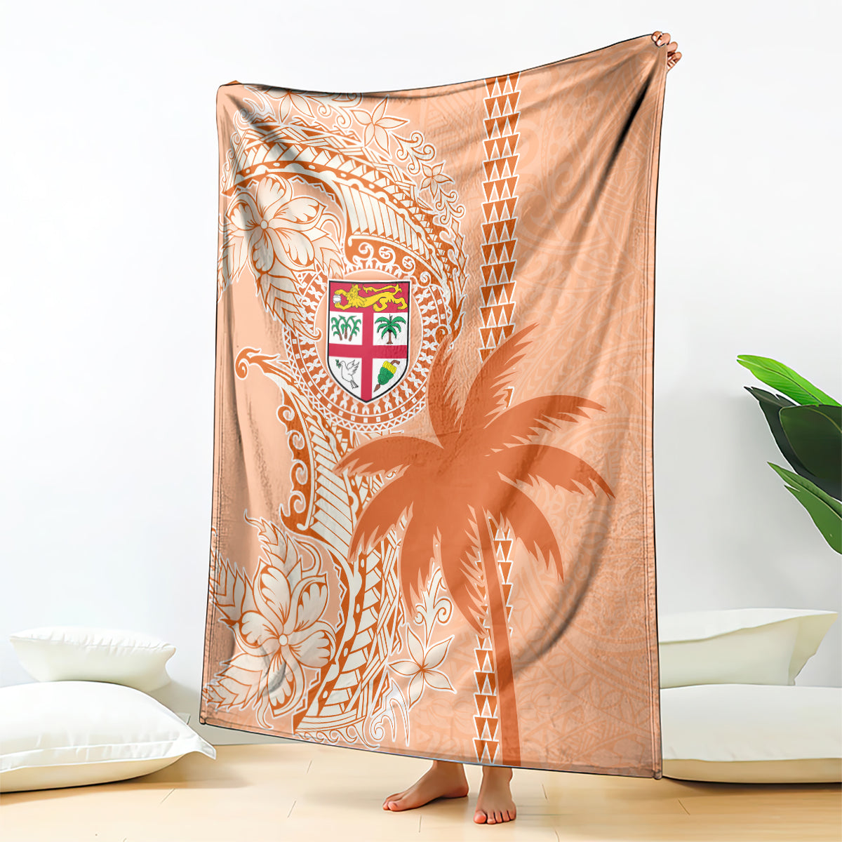 Bula Fiji Blanket Tropical Flower and Tapa Pattern Peach Fuzz Color LT03 Peach Fuzz - Polynesian Pride