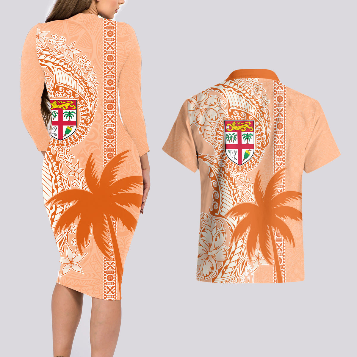 Bula Fiji Couples Matching Long Sleeve Bodycon Dress and Hawaiian Shirt Tropical Flower and Tapa Pattern Peach Fuzz Color LT03 - Polynesian Pride