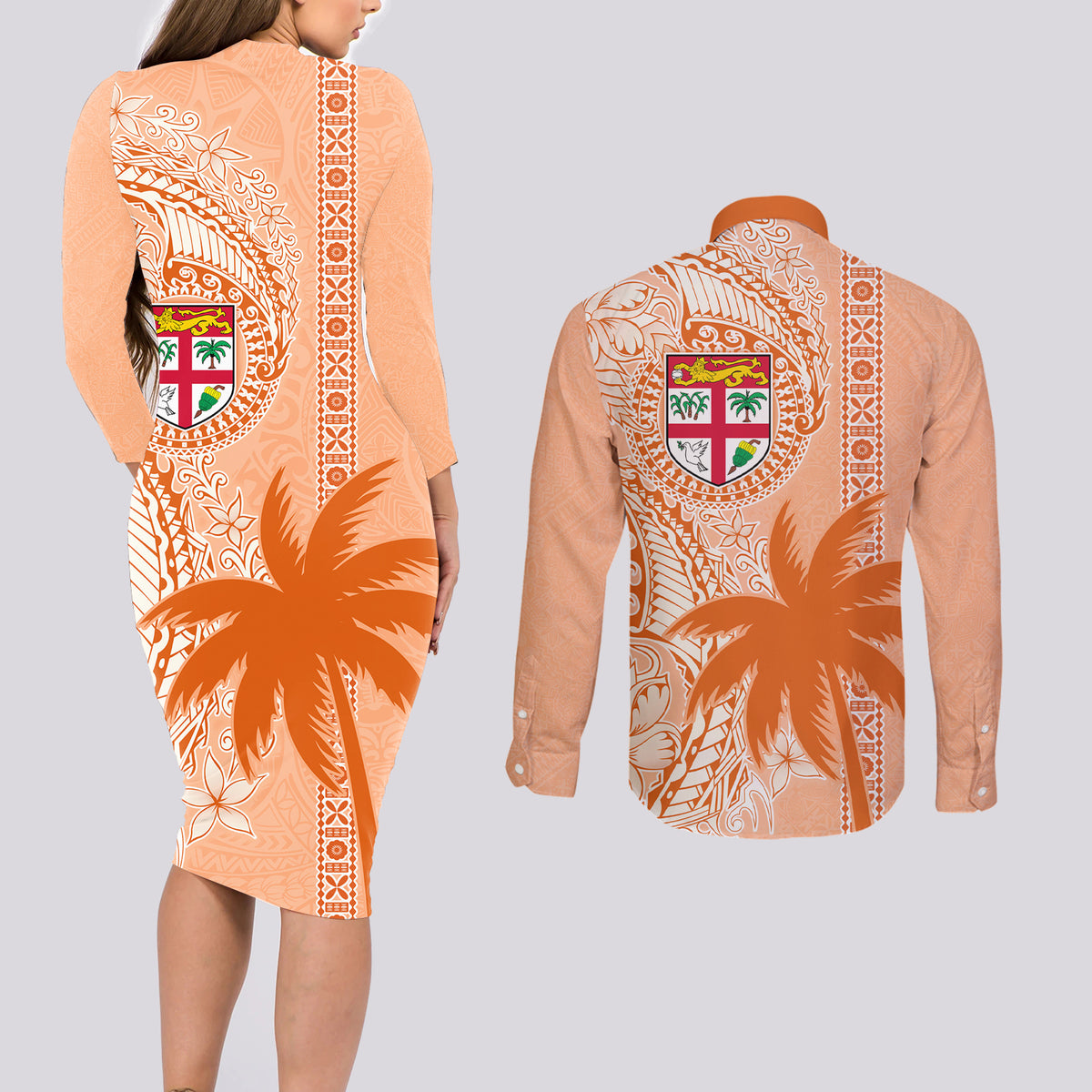 Bula Fiji Couples Matching Long Sleeve Bodycon Dress and Long Sleeve Button Shirt Tropical Flower and Tapa Pattern Peach Fuzz Color LT03 - Polynesian Pride