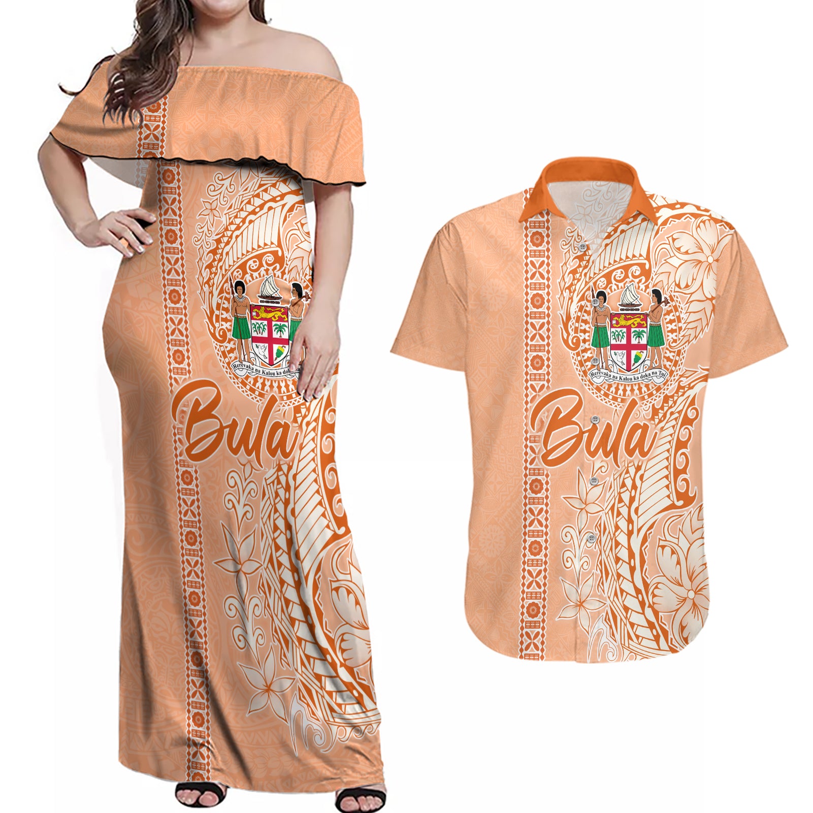 Bula Fiji Couples Matching Off Shoulder Maxi Dress and Hawaiian Shirt Tropical Flower and Tapa Pattern Peach Fuzz Color LT03 Peach Fuzz - Polynesian Pride