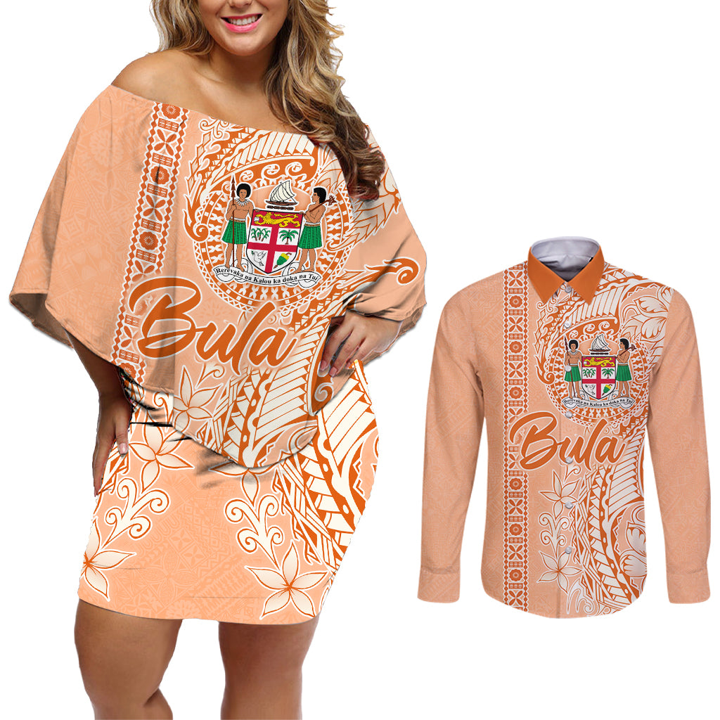 Bula Fiji Couples Matching Off Shoulder Short Dress and Long Sleeve Button Shirt Tropical Flower and Tapa Pattern Peach Fuzz Color LT03 Peach Fuzz - Polynesian Pride