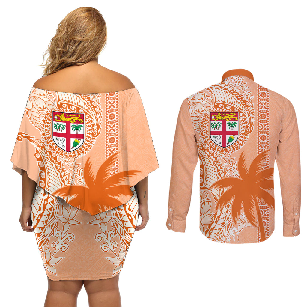 Bula Fiji Couples Matching Off Shoulder Short Dress and Long Sleeve Button Shirt Tropical Flower and Tapa Pattern Peach Fuzz Color LT03 - Polynesian Pride