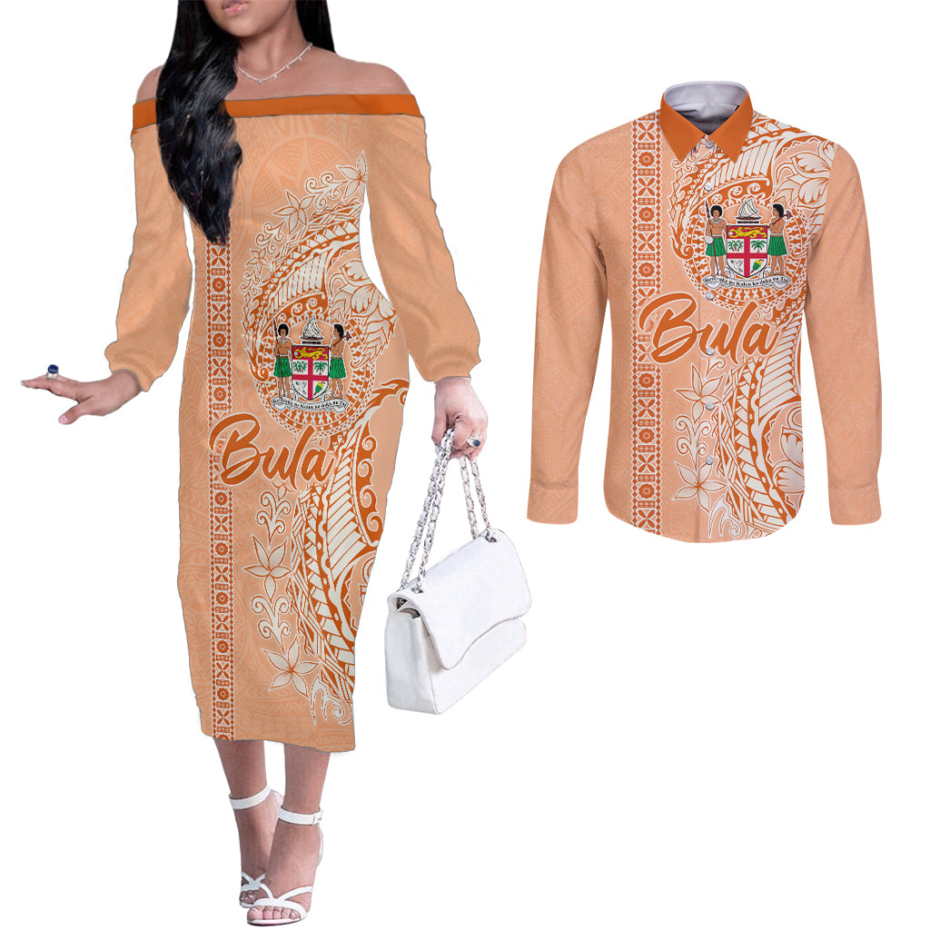 Bula Fiji Couples Matching Off The Shoulder Long Sleeve Dress and Long Sleeve Button Shirt Tropical Flower and Tapa Pattern Peach Fuzz Color LT03 Peach Fuzz - Polynesian Pride