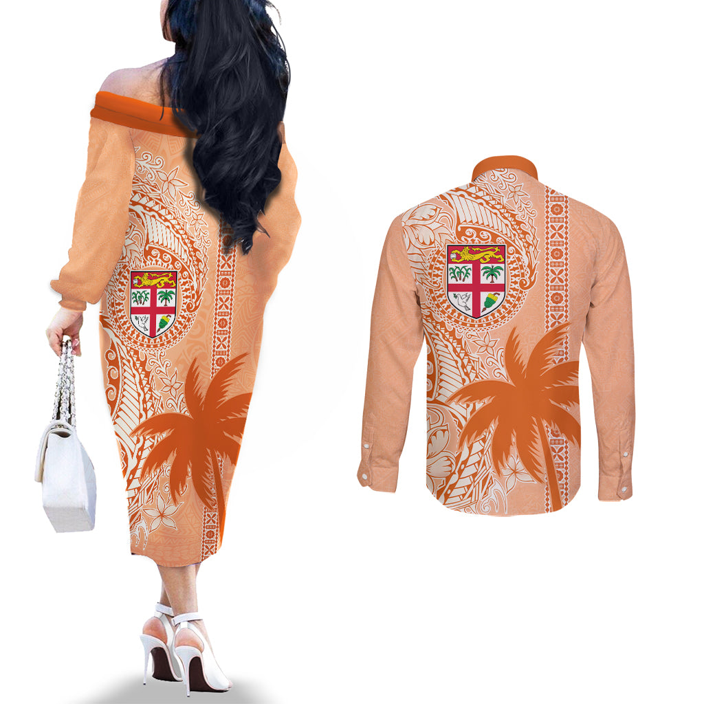Bula Fiji Couples Matching Off The Shoulder Long Sleeve Dress and Long Sleeve Button Shirt Tropical Flower and Tapa Pattern Peach Fuzz Color LT03 - Polynesian Pride